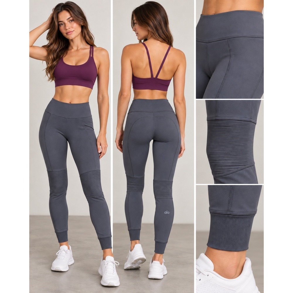 Alo Yoga Moto Leggings Womens M Gray Ribbed Cuff High Rise Athleisure